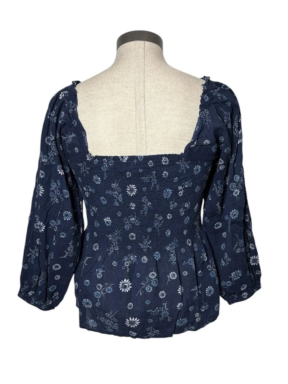 Madewell Lucie Blue Floral Smocked Peplum Blouse Size 2 Cottagecore Cotton